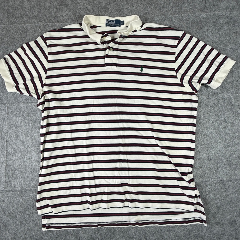 Polo Ralph Lauren Polo Shirt Mens XL Cream Navy Burgundy Striped Short Sleeve